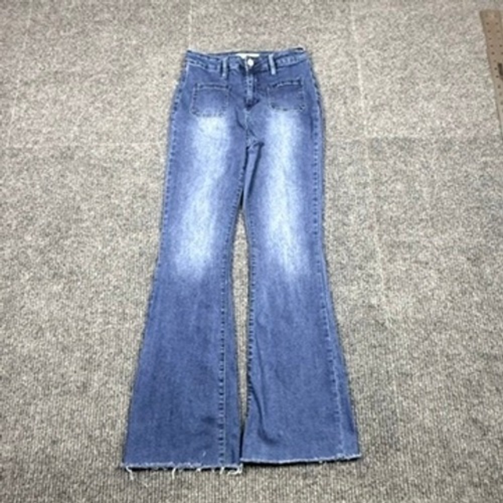 YMI High Rise Flare Jeans Blue Faded Raw Hem Patch Pockets P56151N Size 5/27
